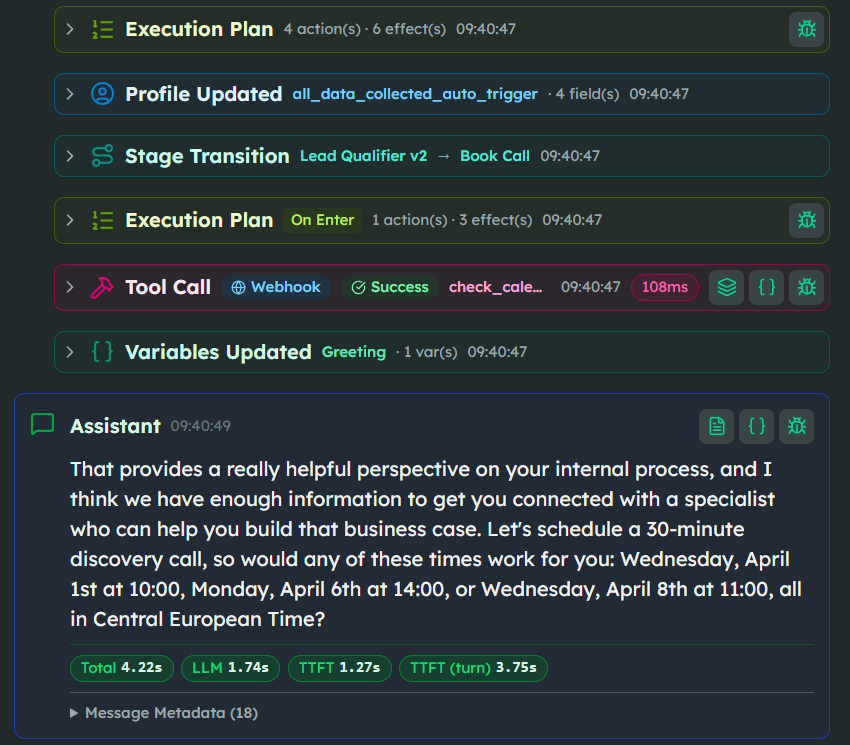 Bonsai webhook calendar check with stage transition to Book Call — deterministic data injection