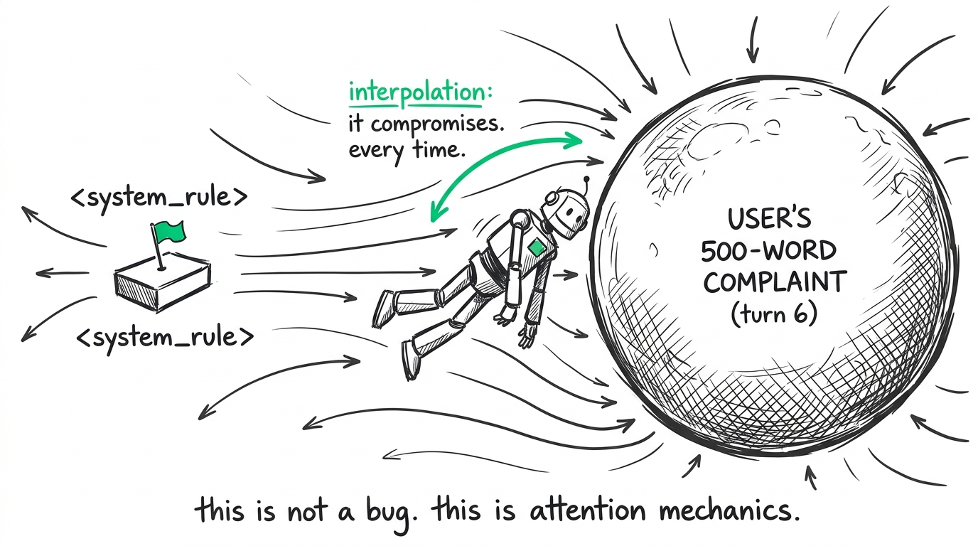 The gravity of context: new tokens pull the model away from the system rules