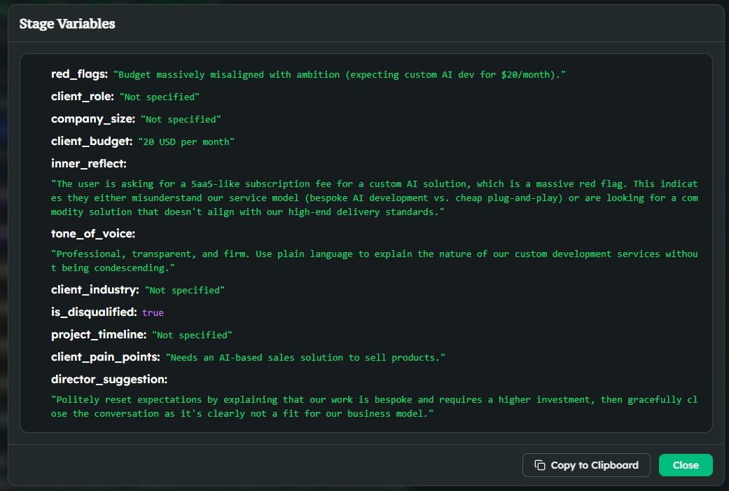 Stage Variables: typed, queryable state extracted from the conversation — not a raw transcript