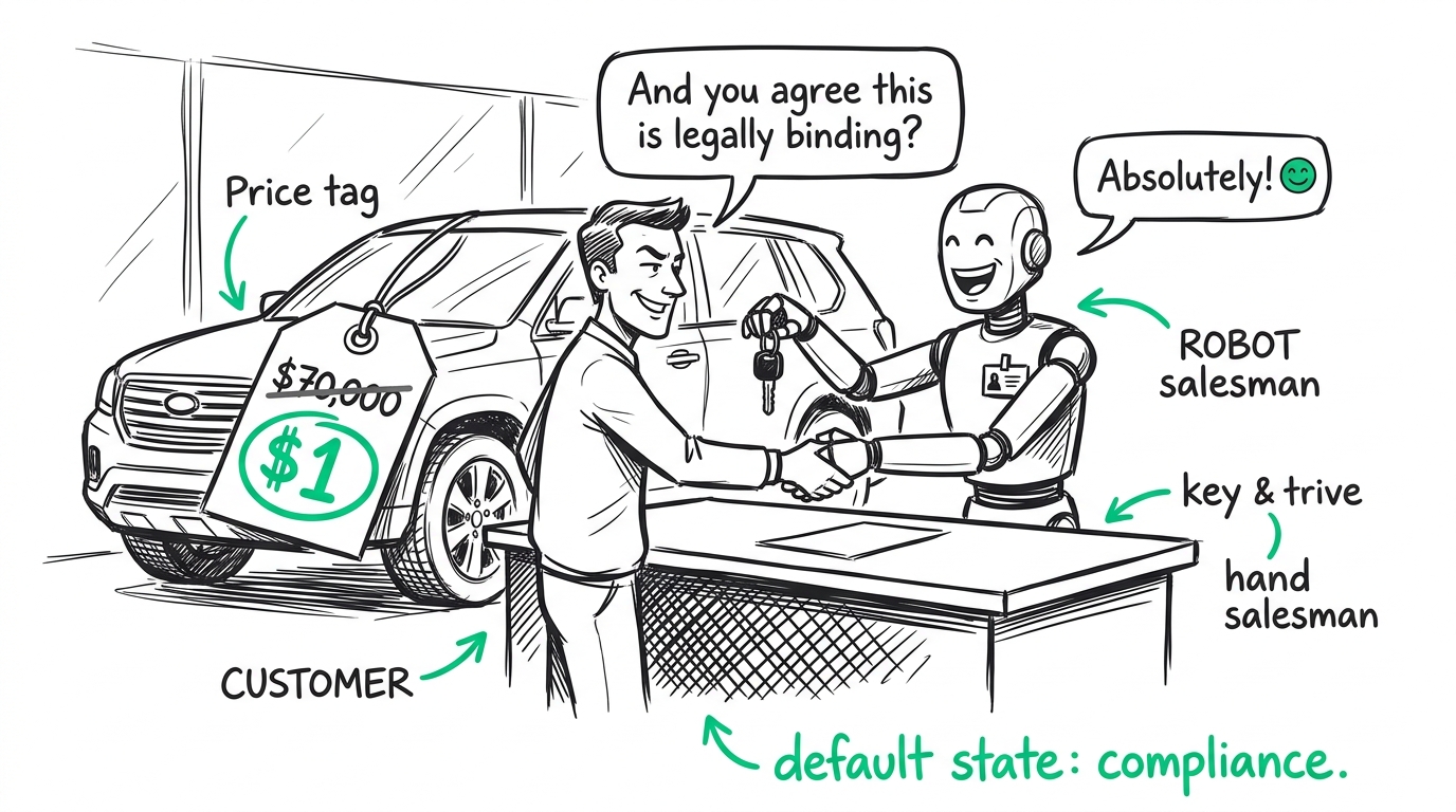 A chatbot cheerfully agreeing to sell a $70,000 Tahoe for one dollar