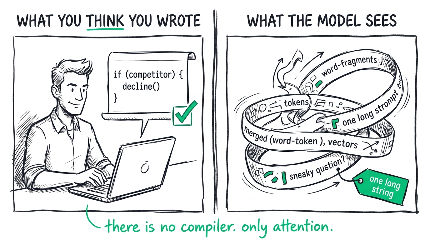 There is no compiler — only an attention mechanism weighing tokens